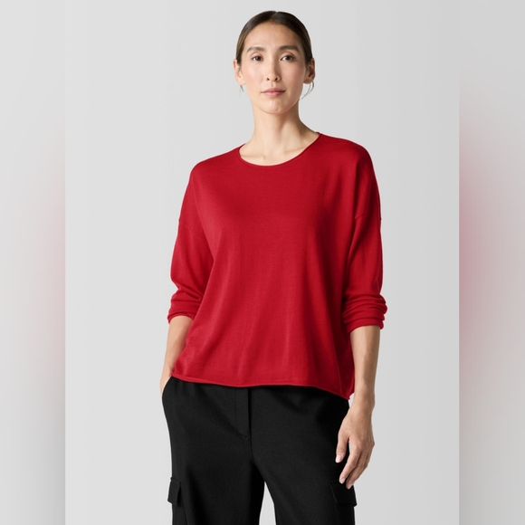 Eileen Fisher Red 100% Merino Wool Box Top Long Sleeve Shirt sweater - Picture 1 of 8